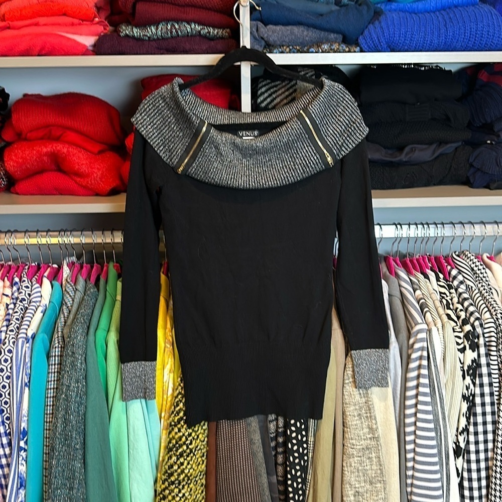 Venus black and silver off the shoulder 3/4 quarter length sleeve sweater size S